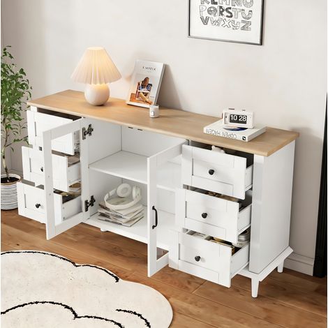 Sideboard 150 x 40 x 75 cm mit 2 Acryltüren, 6 Schubladen, LED, Weiß und Holzoptik HAVRYA (1/5)