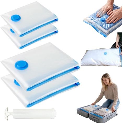 Sacs de compression sous vide lot de 4 avec pompe - housses de rangement pour vêtements, couvertures et matelas (1/5)