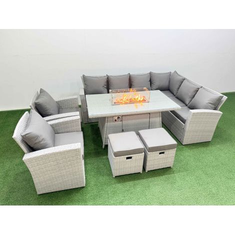 Fimous Rattan Corner Sofa Chair Set Outdoor Furniture Garden Dining Set Gas Fire Pit Table with Temper Glass 2 Footstools Light Grey Mixed (1/4)