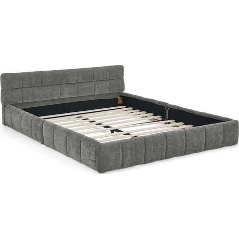 Cama doble 140 x 200 cm de chenilla gris oscuro con cabecero capitoné (1/5)