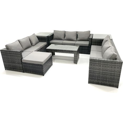 Fimous Ensemble de meubles de jardin en polyrotin 10 places avec Canapé Table basse Grand tabouret 2 Tables d'appoint Gris foncé mixte (1/5)