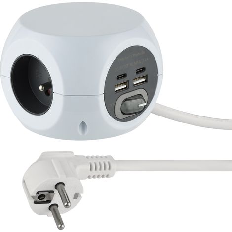 Mini Cube avec 3 Ports USB 2.4A, Bloc 3 Prises avec Interrupteur, Rallonge Multiprise 3M, Blanc