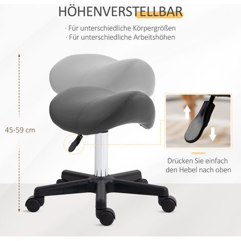 Tabouret sur roulettes, siège en forme de selle, hauteur ajustable, rotation à 360°, simili cuir, gris, dimensions 48 x 47 x 45-59 cm (1/4)