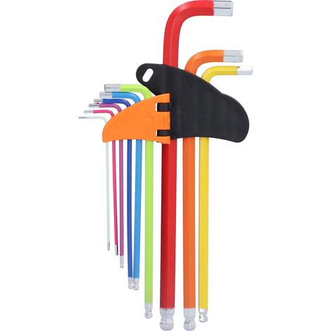 Jeu de 9 clés hexagonales, têtes à billes en acier au vanadium chromé multicolore, bras longs, 1,5-10 mm.