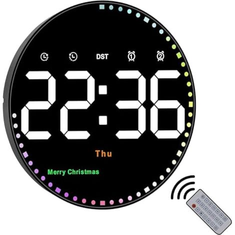 Horloge murale numérique ronde 10" colorée avec télécommande, réveil double/température/date/heure/fête/luminosité réglable/minuteur pour maison, salle de sport, bureau