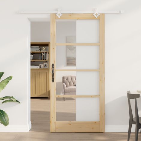 vidaXL Sliding Door 93 x 202 cm Solid Pine Wood and Glass Natural