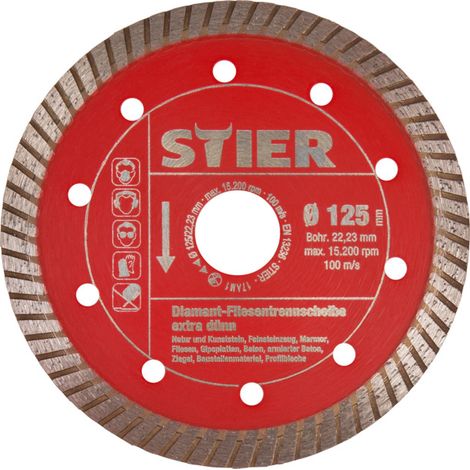 Disque de tronçonnage pour carrelages STIER Diamant extra mince Ø 125 mm, alésage 22,23 mm, spécialement adapté aux carreaux en grès (1/3)