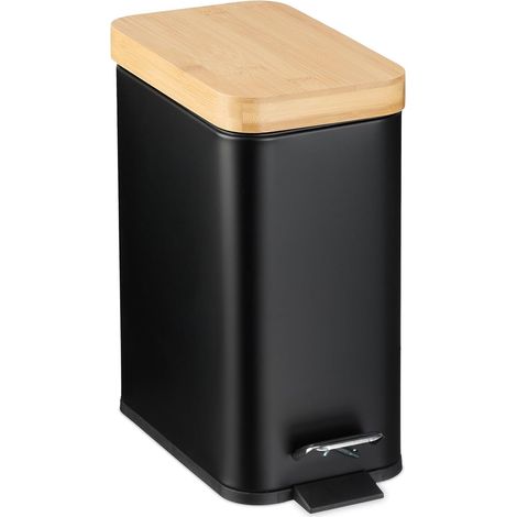 Poubelle de Salle de Bain, 5 litres, en métal, Seau intérieur Amovible, Couvercle en Bambou, Noire (1/5)