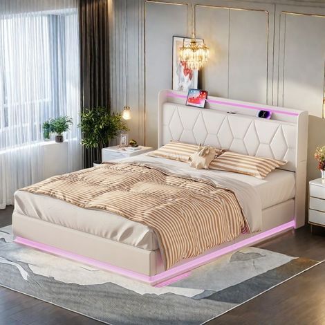Lit Hydraulique 140x200 cm - Doppelbett mit Stauraum für Erwachsene, LED 3 Seiten und USB - Moderner weißer Leinenvelours, hydraulischer Stauraum