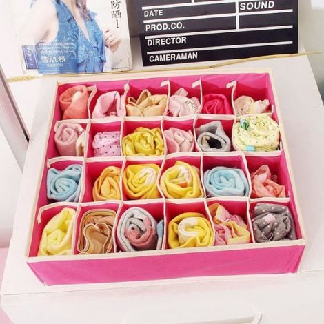 Organisateur Boîte Pliable - Rangement Sous-vêtements Chaussettes - Rose - Kit de 4 Pièces - 6 7 8 et 24 Compartiments (1/4)