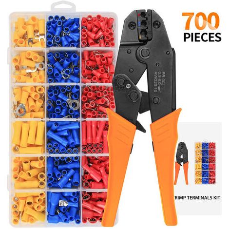 BUNTHAUS Kit D'outils de Sertissage de Bornes de fil Isolées,Pince à Sertir à Cliquet 0,5-6 mm², Pince à Cosse de Câble, Ensemble D'outils de Sertissage avec 700 Connecteurs à Sertir Isolés (1/5)