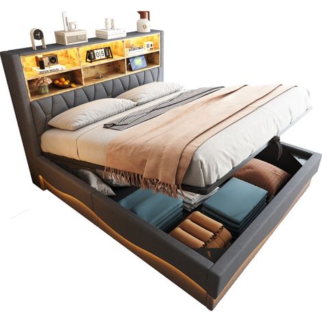 Lit Coffre 180x200 Cm Avec Structure En Métal Tissu Gris (1/5)