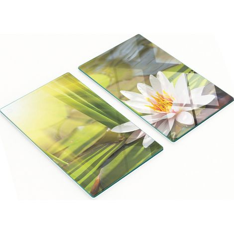 Juego de dos tablas de cocina decorativas de cristal con diseño de loto y estanque, 2x30x52 cm. (1/5)