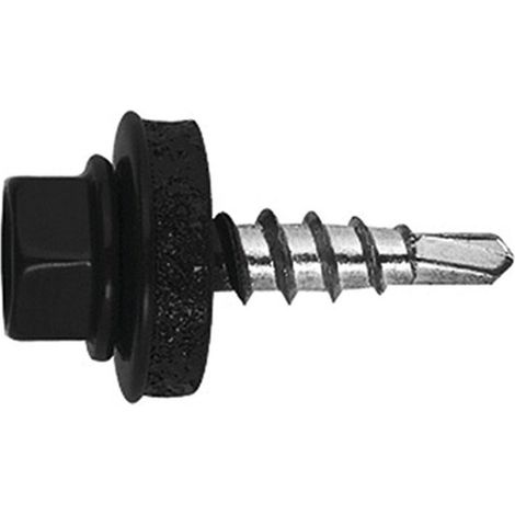 Vis autoperceuse Tête hexagonale TH 4.8X35 Rondelle d"étanchéite avec joint néoprene EPDM Acier zingué RAL9011-250 pièces (1/4)