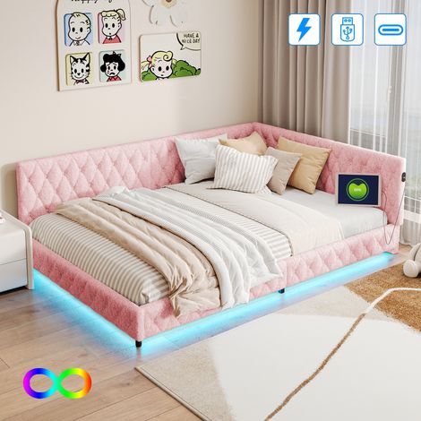 Lit double adulte 140x200 cm avec éclairage sous le lit, ports USB à la tête de lit, velours rose (1/5)