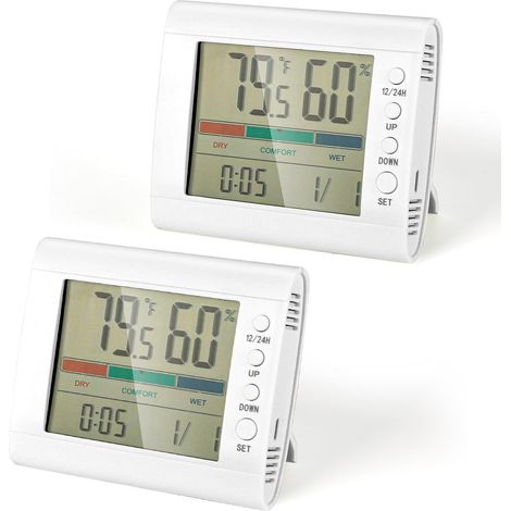 Thermomètre Intérieur 2 Pièces, Hygromètre LCD avec Suspension/Support, Testeur d'Humidité pour Réfrigérateur, Thermostat Blanc