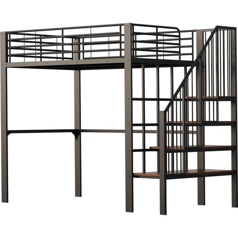 Haut lit 140 x 200 cm en métal avec escalier et rangement sous le lit Noir (1/5)