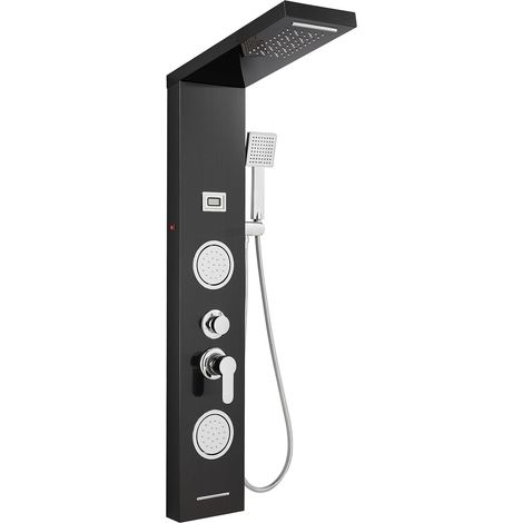 Colonne Panneau de Douche Hydromassante LED Noir avec Mitigeur et Affichage de la Température, 5 Modes - Douche de Cascade, Pluie, Douchette, Jets de Massage, Bec de Baignoire, Acier Inox (1/4)