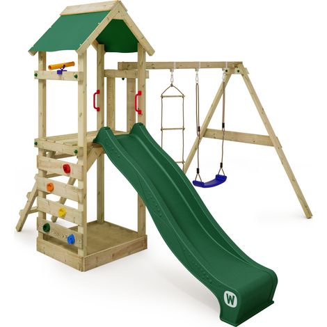 Wickey Parco giochi in legno FreeFlyer Giochi da giardino con altalena e scivolo Torre d'arrampicata da esterno con sabbiera e scala di risalita per bambini - verde (1/10)