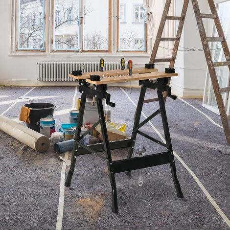 Klappbare Werkbank, Spannwerkbank mit 4 Spannbacken, Arbeitstisch, Tragkraft 150 kg, 63,5 x 60,5 x 78 cm, schwarz