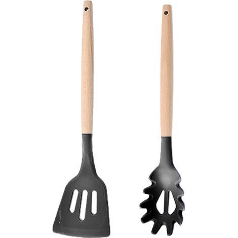 Ustensiles De Cuisine En Silicone - Résistance Haute Température - Poignées En Bois Pour Casseroles Antiadhésives - Lot De 2 Pièces (1/5)