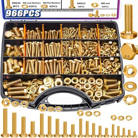 Coffret de boulonnerie 966 pièces – Assortiment de boulons à tête hexagonale extérieure et vis hexagonales classe 8.8 avec écrous et rondelles, en acier carbone zingué, kit de fixation métrique multi- (1/3)