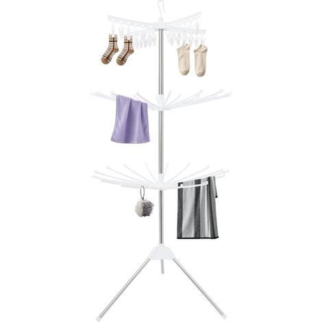 HAUTOUR Étendoir à linge à 3 niveaux, Séchoir pliable, Porte pour vêtements et chaussettes, rotatif à 360°, avec 24 clips pour chaussettes, 68,5 x 170 cm (1/5)