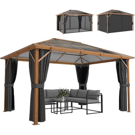 Gartenpavillon ca. 4x3m Aluminium Pavillon mit Polycarbonat-Dach 6 mm Moskitonetz 4 Seitenteile Holzoptik Naturholz (1/4)