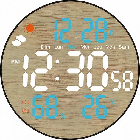 Horloge murale numérique LED ronde bleu ciel avec météo et calendrier bleu ciel 26 × 3 × 26 cm 670 g – Livraison gratuite