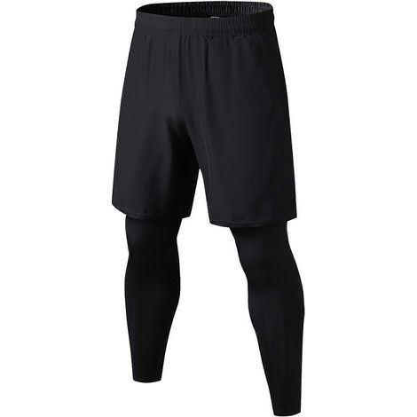 2-in-1-Fitnessleggings für Herren, schweißableitend, schnelltrocknend, dehnbare Sporthose mit Taschen für Laufen und Outdoor-Training, Schwarz (1/5)