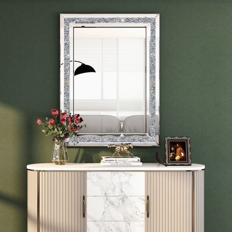 Miroir Mural Rectangulaire de Luxe avec Bordure en Miroir Argenté et Diamants Brisés - Design Artistique pour Décoration Intérieure Élégante (1/5)