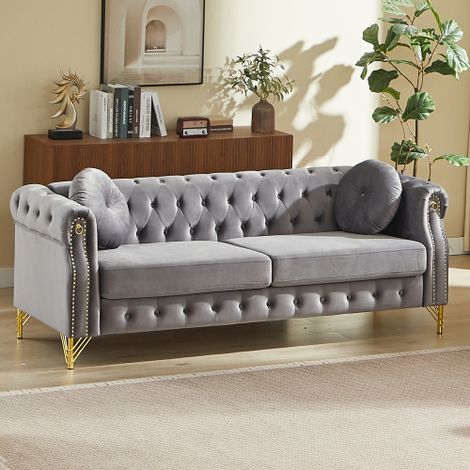 Canapé 2 Places en Velours Style Chesterfield avec Pieds en Métal Doré, Boutons Capitonnés et Clous Dorés sur les Accoudoirs, Design DIY avec Anneaux, Velours de Haute Qualité