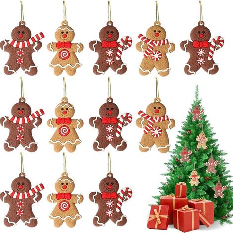 Lot de 12 décorations à suspendre pour sapin de Noël, pendentifs en forme de bonhomme en pain d'épices pour décoration de fête, accessoires d'artisanat (4 styles) (1/3)