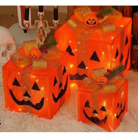 Coffret cadeau Halloween trois pièces avec lumières, lanternes citrouilles décoratives, décor lumineux, boîtier à piles étanche 8 fonctions en fer forgé - Coffret cadeau citrouille [à monter soi-même]