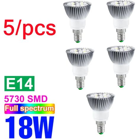Lampes de croissance pour plantes Ampoule LED de croissance pour plantes (E14 18W, lot de 5 - 85-265 nm) - Spectre complet - Lampe horticole pour serres et cultures hydroponiques.