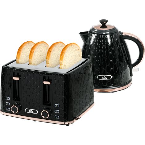 Ensemble de cuisine 2 en 1, grille-pain et bouilloire, plusieurs options, 1,7 L, grille 4 tranches à la fois, plastique, noir