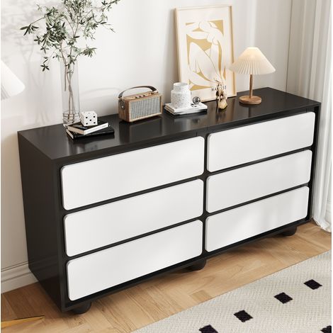Cómoda de aglomerado blanco y negro, 6 cajones, 140 x 38 x 74,5 cm, patas de metal (1/5)