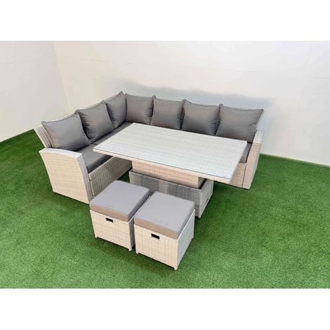 Fimous 8 Seat Rattan Outdoor Garden Furniture Corner Sofa Set Adjustable Lifting Dining or Coffee Table Set with Armchair 2 Small Footstools Light Grey (1/5)