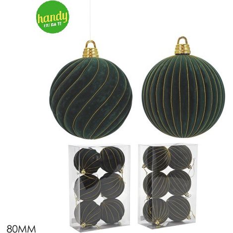 Set 6 palline di Natale General Trade in velluto verde Ø 8 cm 2 motivi assortiti