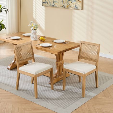 Lot de 2 chaises de salle à manger,dossier cannage façon rotin, assise rembourrée en lin beige,structure bois,56x48x86,5 cm (1/5)