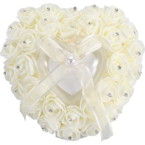 Boîte à bagues bague de mariage oreiller-romantique en forme de coeur boîte de bague de mariage rose décor anneau oreiller coussin(Beige) (1/5)