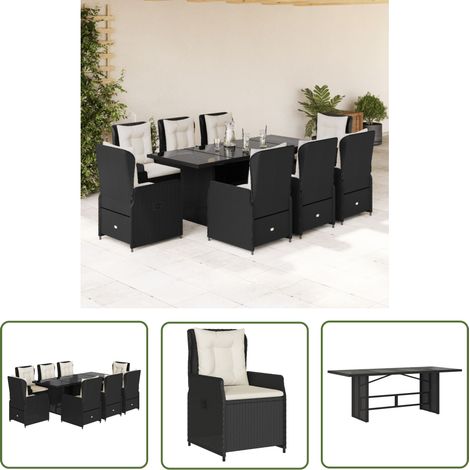 The Living Store 9-tlg. Garten-Essgruppe mit Kissen Schwarz Poly Rattan - Gartentisch - Gartenmöbel Set - Esstisch - Gartenset - Outdoor Möbel (1/5)