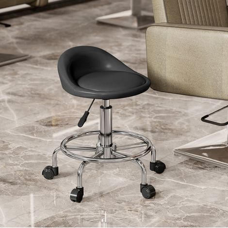 MODFU – Sgabello con ruote regolabile 59-75 cm in pelle ricostituita con schienale, poggiapiedi, rotazione 360° e portata 120 kg – Nero (1/5)