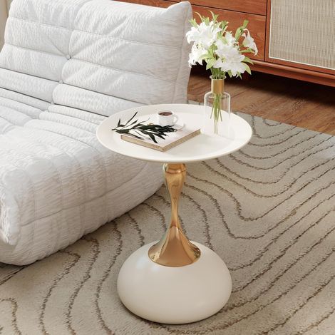 Table d’appoint ronde – Diamètre 38 cm, piètement métallique, blanche – Idéale pour petit espace salon ou chambre (1/5)