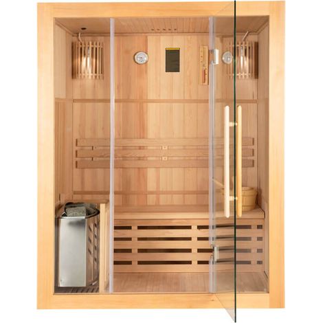 Home Deluxe – Sauna traditionnel Skyline L 120 x 150 x 190 cm – Pour 2-3 personnes – Poêle finlandais 4,5 kW – Façade en verre de sécurité – Accessoires inclus (1/7)