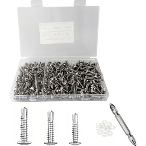 Lot de 300 vis autotaraudeuses en acier inoxydable 410 - 4,2 x 13/19/25 mm - Vis autoperceuses - Vis à tôle - Vis métalliques autotaraudeuses - Convient pour l'acier et l'aluminium (300) (1/5)