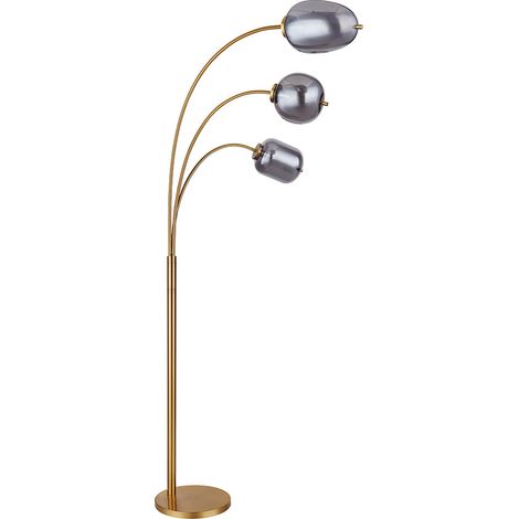 Lampadaire lampadaire arc lampe salon lampe chambre, métal verre laiton fumée, 3 ampoules E14, interrupteur au pied, L 80 cm