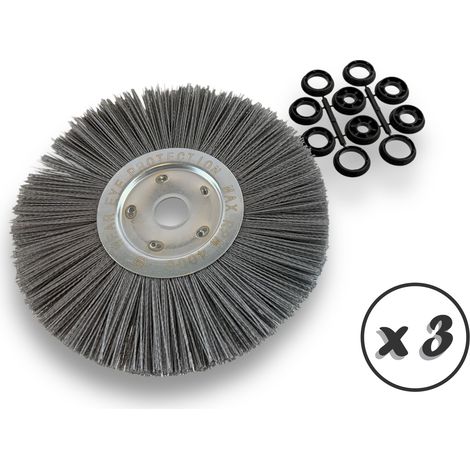 Lot de 3 brosses circulaires NYLON Abrasif  Ø 300 mm  Epaisseur 1 rang  Carbure de silicium Grain 80  Alésage 32 mm + réducteur bague 25/22/20/16/12 mm  Touret ponceuse  Kibros 211301KR80x3 (1/5)