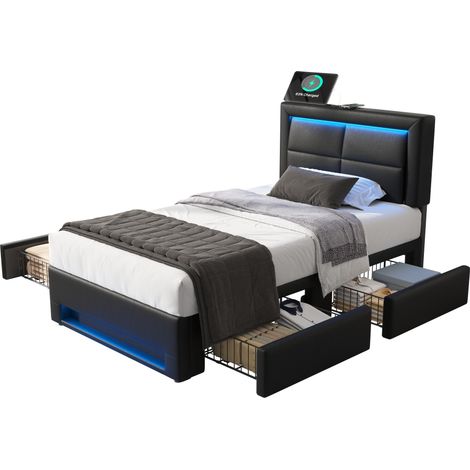 Letto imbottito 90x190 cm in PU nero con USB, LED e 4 cassetti, senza materasso - CHICFURN (1/5)