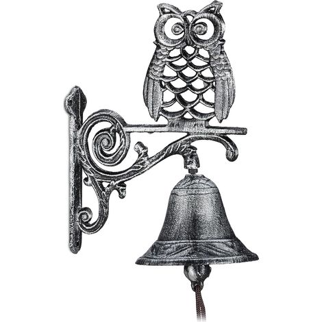 Cloche Murale de Porte Fonte de Fer, Chouette, Design Antique, avec Corde, résistant aux intempéries, argenté (1/5)